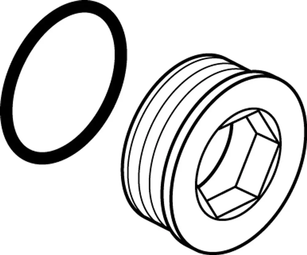 Produktillustration eines Stopfens von Ideal Standard, bestehend aus einem runden Körper mit hexagonalem Innenbereich und einer dazugehörigen Dichtung.